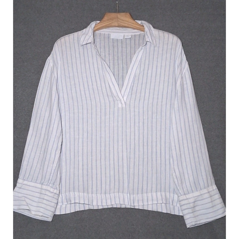 Martha Stewart Collection 100% Linen Top XL White Blue Stripe Nautical Blouse